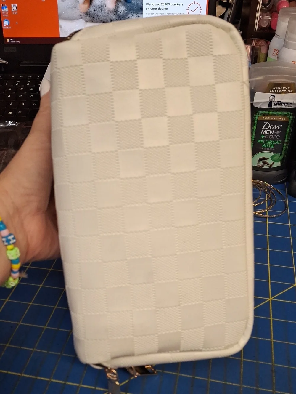 White Quilted Cosmetic Train Case Gold Hardware 9x5x5